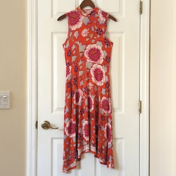 Maeve Anthropologie Cleary Floral Sleeveless Mock Neck Midi Dress Red Pink XS - Picture 1 of 13